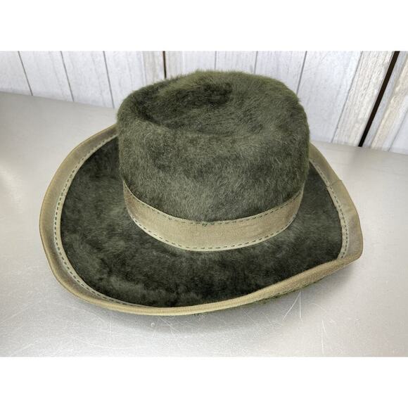 Halston 1970's Green Vintage Women’s Soft Retro Plush Rim Hat 70s Disco Boho - Picture 3 of 5